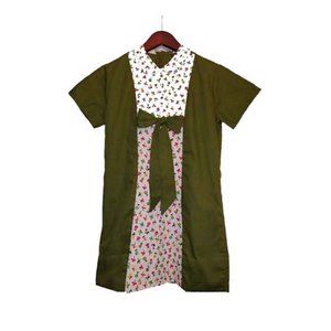 Vtg 60s Girls Handmade Green Cotton Floral Print Dress 7
